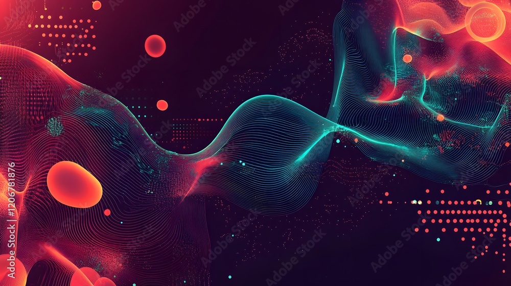 Poster abstract digital waveform visualization with glowing spheres