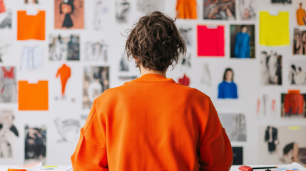 Creative designer in vibrant workspace, focused on fashion inspiration