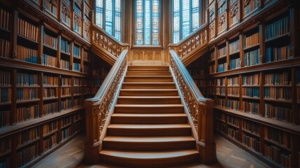 Fototapeta premium A beautiful stone staircase leads up to the upper floor of an old Gothic library.