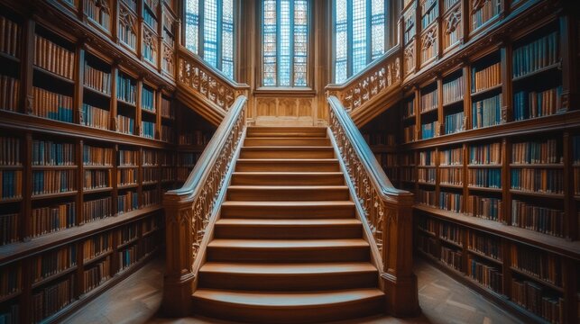 A beautiful stone staircase leads up to the upper floor of an old Gothic library.