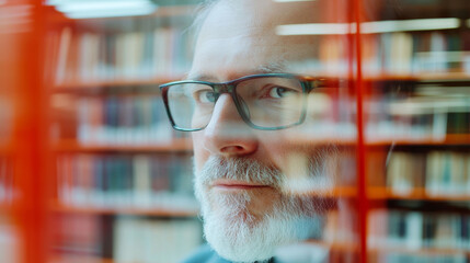 Focused librarian behind shelves, immersed in cataloging books with dedication