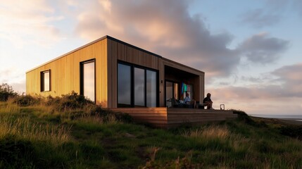 Sunset relaxation at modern wooden cabin scenic hilltop photography tranquil nature wide-angle view