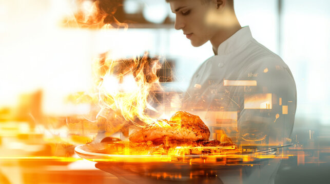 Chef creating gourmet dishes with flames and digital overlay