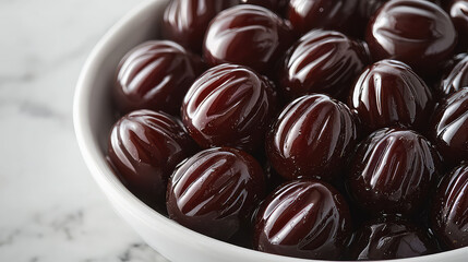 Close-up of a bowl filled with dark, glossy, ribbed candies.  Sweet treats, confectionery, dessert.