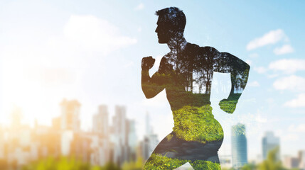 Running silhouette with nature overlay against city backdrop