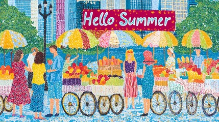 Obraz premium Vibrant Summer Market Scene: A Colorful Street Fair with Fruit Stands and Umbrellas