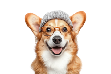 Corgi wearing knitted hat and glasses isolated on white or transparent PNG