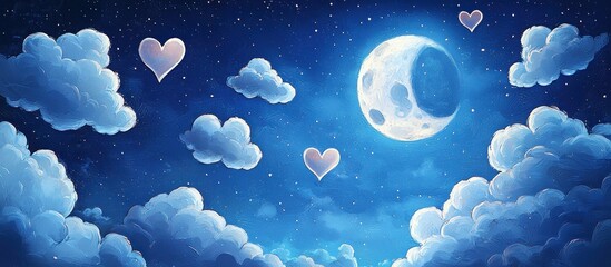 A romantic moonlit night with heart-shaped clouds, perfect for text placement.
