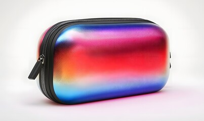 Rainbow cosmetic case, studio shot, white background, travel