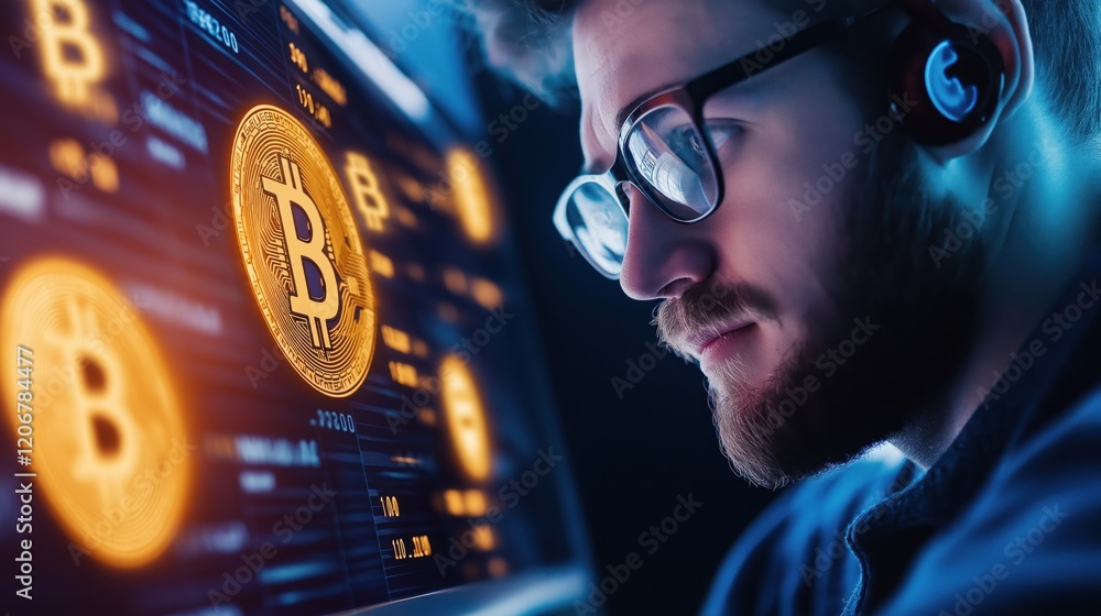 Poster analyzing cryptocurrency trends digital workspace data visualization technology hub close-up financi