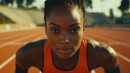 A close-up shot of an athlete with a prosthetic leg, ready to start running on the track field in a stadium.