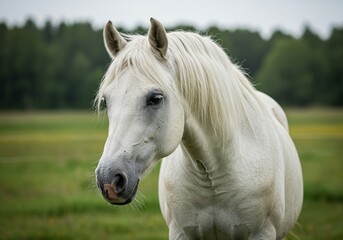 Obraz premium A close-up portrait of a majestic white horse standing in a lush green field, with a visually appealing image
