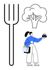 Large fork beside an outlined broccoli and a woman holding a small object while carrying shopping bags. Ideal for healthy eating, grocery shopping, balanced diet, nutrition, lifestyle choices, food