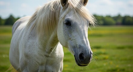 Obraz premium A serene image showcasing the horse's calm demeanor and gentle expression, with a visually appealing image highlighting the horse's flowing mane and coat
