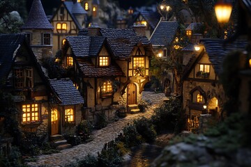Charming miniature village with illuminated houses and cobblestone streets.
