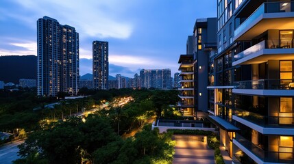Obraz premium Evening cityscape modern urban landscape photography nighttime aerial view urban development and design
