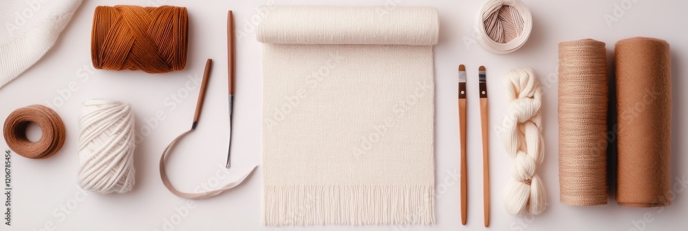 Poster Minimalist flat lay showcasing essential weaving tools and threads with finished textiles in natural tones