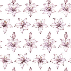 Delicate lavender lilies create a serene pattern on a soft white background