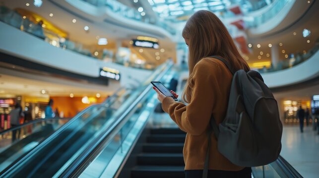 A young woman stands absorbed in her smartphone, surrounded by the lively ambiance of a contemporary shopping mall escalator