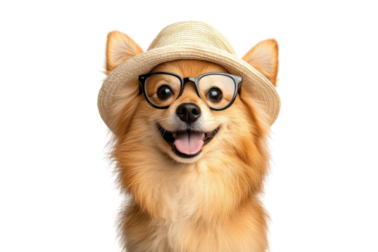 Pomeranian wearing straw hat and glasses isolated on white or transparent PNG