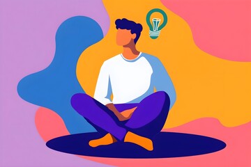A man is sitting on the floor with his legs crossed and a light bulb in his head