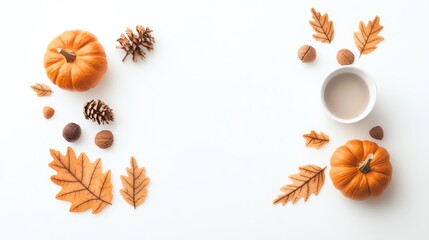 Autumn-themed flat lay with pumpkins, leaves, nuts, and pinecones arranged around a cup on a white background, creating a cozy seasonal vibe.