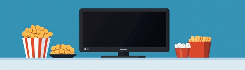 Illustration of a home cinema setup with a TV and popcorn against a blue background, perfect for entertainment and movie night themes.