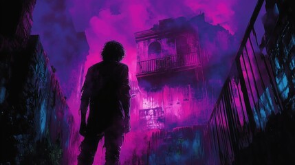 Man standing in neon-lit urban landscape