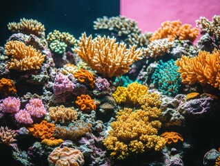 Obraz premium Serene Coral Reef: Golden Sunset Reflection on Vibrant Pink Sky at Dusk in Underwater Paradise