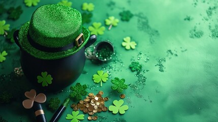 Naklejka premium St. Patrick's Day background with shamrocks with a black cauldron on a green surface, elements for a copy space for text