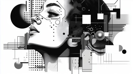 Stylized female face with geometric patterns and abstract shapes