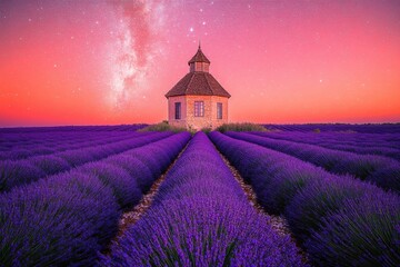 Serene Lavender Field under a Pink Dusk Sky with Star-filled Horizon