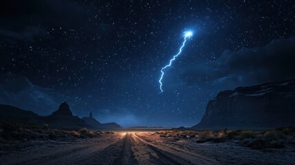 Night Road, Starry Sky, and Lightning Strike in Monument Valley