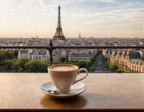 Cup of coffee on the table with view of Eiffel tower in Paris, France
