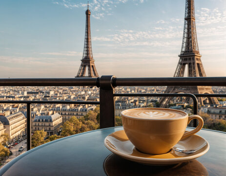 Cup of coffee on the table with view of Eiffel tower in Paris, France - Powered by Adobe
