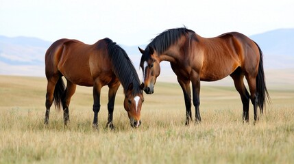 Two Brown Horses Grazing in a Field