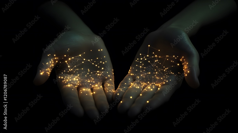Poster glowing network held in open hands