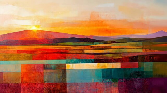 Colorful sunset over rolling hills with vibrant patchwork fields in a serene landscape during twilight hours