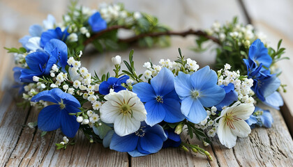 Delicate Floral Crown: A whimsical floral crown crafted with delicate blue and white blossoms, perfect for a summer wedding or festival, a symbol of beauty and tradition.