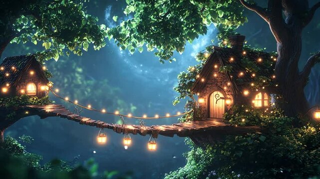 Enchanted treehouse village illuminated by fairy lights