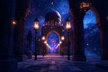 Mystical Nighttime Pathway in a Starry Islamic Architecture