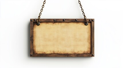 Rustic Wooden Signboard: A blank wooden signboard with a rustic appeal, hanging from chains, offers a timeless canvas for adding your own custom message, perfect for branding, advertising.