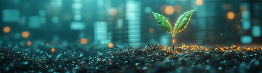Seedling in Cityscape: A vibrant green seedling pushes through dark soil, a symbol of growth and resilience against the backdrop of a futuristic cityscape glowing with teal and amber lights.