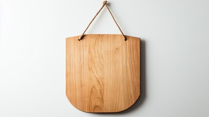 Wooden Cutting Board: A rustic, light brown, shield-shaped cutting board hangs from a simple leather cord, showcasing its smooth, natural wood grain and handcrafted details.