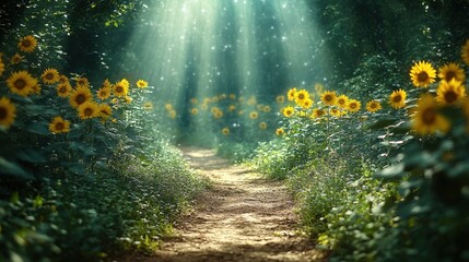 Obraz premium Enchanting Sunflower Field Trail under Aurora Borealis