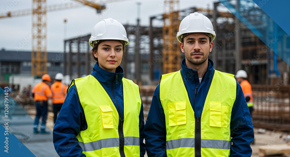 Poster engineers in front of a construction site . generative ai