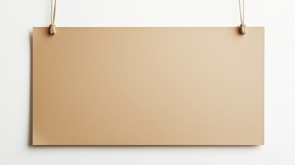 Fototapeta premium Blank Kraft Paper Sign: A rustic, blank kraft paper sign hangs from twine on a plain wall, providing a natural and versatile backdrop for your message.