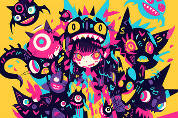 Fototapeta premium Colorful and vibrant illustration of a girl surrounded by playful, monstrous creatures on a bright yellow background