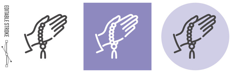 日本のお葬式、数珠を持つ手｜ライン・アイコン　[線の編集可能]