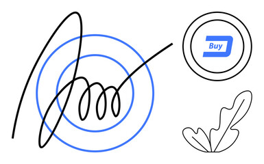 Abstract elements include a cursive signature, concentric circles, Buy button, and a leaf line drawing. Ideal for ecommerce, digital transactions, authentication, online shopping, design simplicity